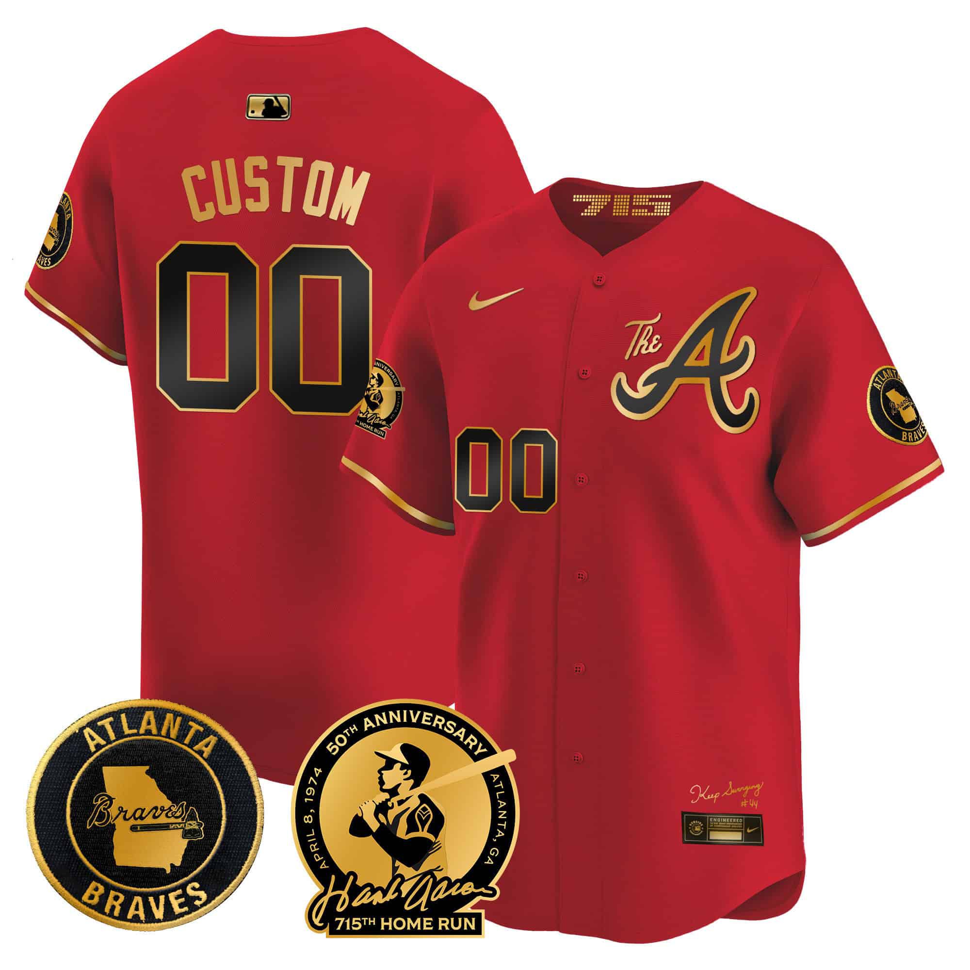 Men Atlanta Braves Red 2024 Nike Hank Aaron 715th Home Run Patch Vapor Premier Limited Custom MLB Jersey->customized mlb jersey->Custom Jersey